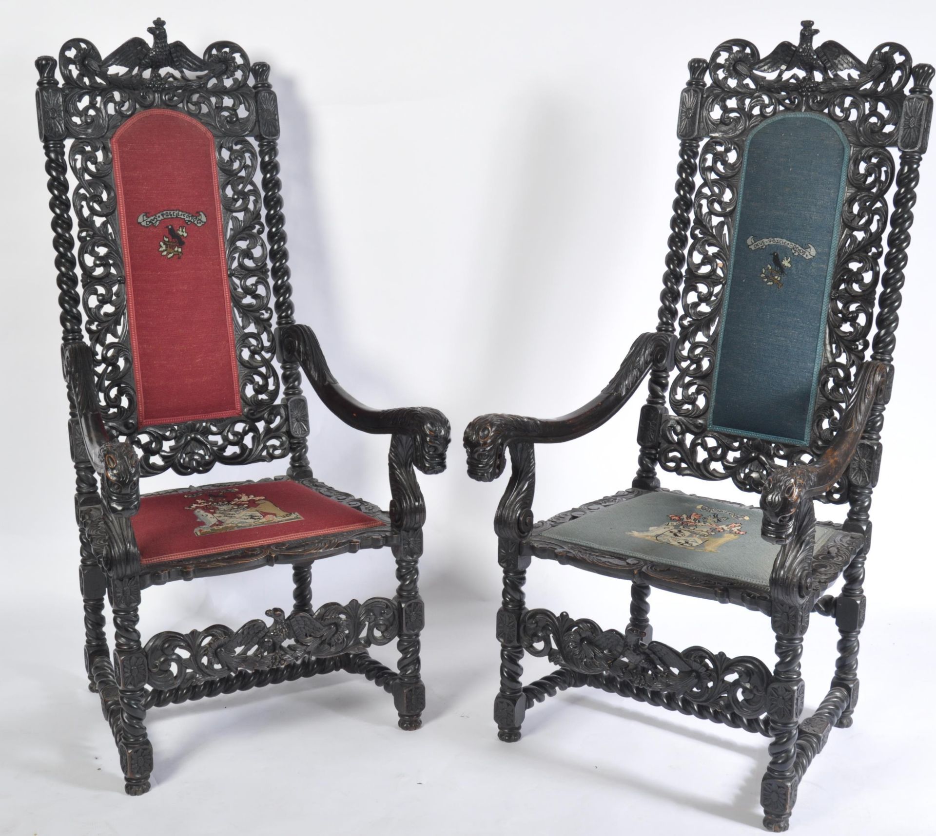 PAIR 19TH CENTURY CAROLEAN MANNER OAK EBONISED THRONE CHAIRS - Bild 2 aus 13