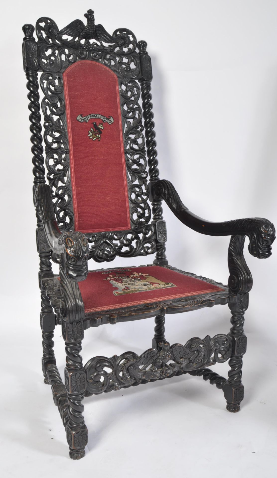 PAIR 19TH CENTURY CAROLEAN MANNER OAK EBONISED THRONE CHAIRS - Bild 3 aus 13