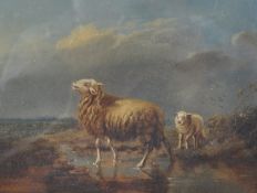 ENGLISH SCHOOL 19TH CENTURY OIL ON BOARD PAINTING SHEEP & DOG