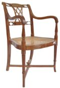 LATE 19TH CENTURY SATINWOOD BERGERE LIBRARY CARVER ARMCHAIR