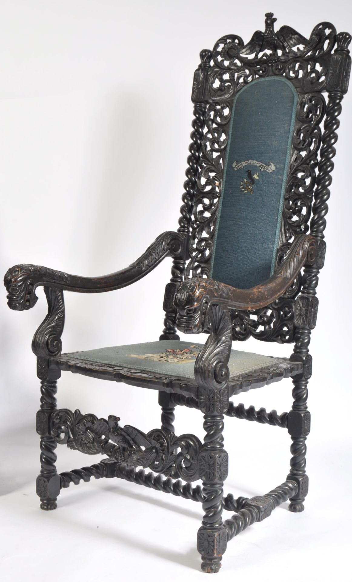 PAIR 19TH CENTURY CAROLEAN MANNER OAK EBONISED THRONE CHAIRS - Bild 4 aus 13