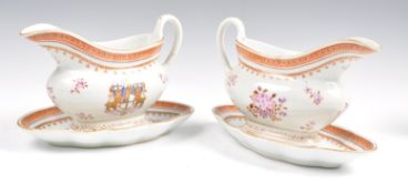 PAIR OF 19TH CENTURY SAMSON ARMORIAL CRESTED GRAVY BOATS & STANDS