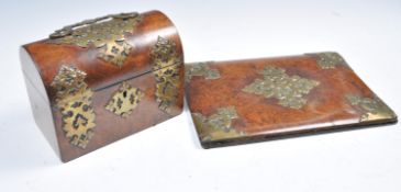 19TH CENTURY VICTORIAN WALNUT AND BRASS WRITING BOX AND BLOTTER.