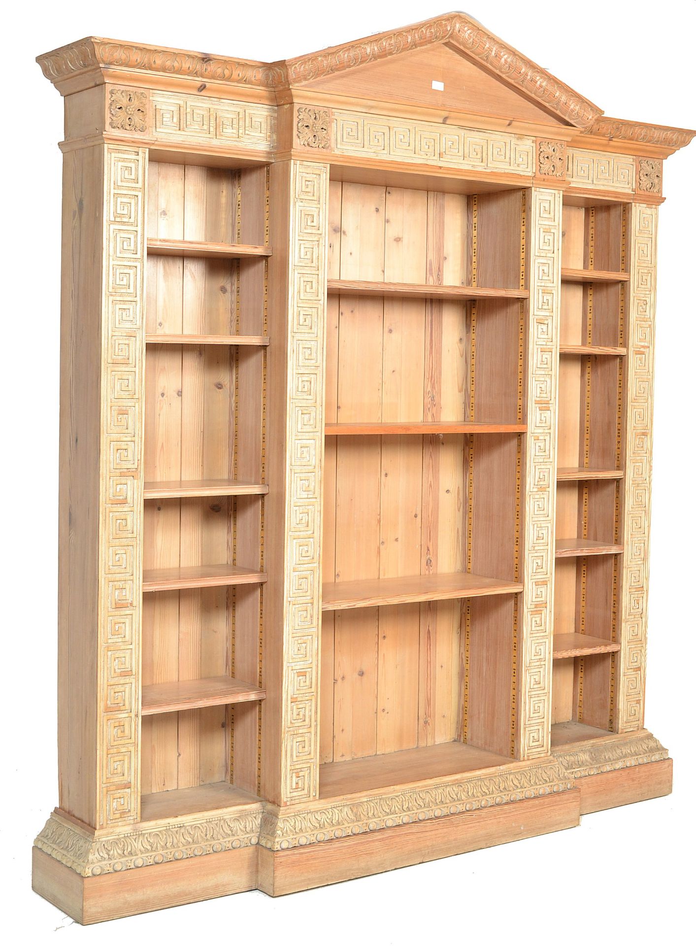 LARGE TRIPLE OPEN BREAKFRONT BOOKCASE AND SHELVES.