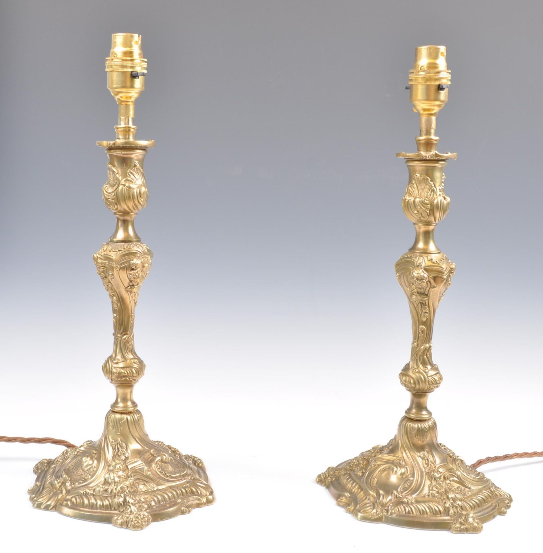 PAIR OF 18TH CENTURY FRENCH BRASS CANDLESTICKS - TABLE LAMPS