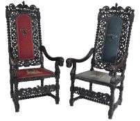 PAIR 19TH CENTURY CAROLEAN MANNER OAK EBONISED THRONE CHAIRS