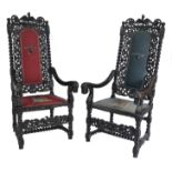 PAIR 19TH CENTURY CAROLEAN MANNER OAK EBONISED THRONE CHAIRS