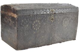 BELIEVED 18TH CENTURY QUEEN ANNE LEATHER AND STUD WORK PINE TRUNK