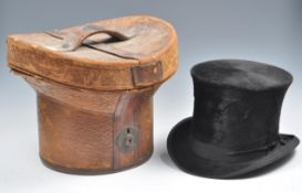 19TH CENTURY GENTS SILT TOP HAT AND LEATHER HAT BOX CARRY CASE