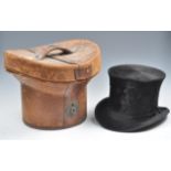 19TH CENTURY GENTS SILT TOP HAT AND LEATHER HAT BOX CARRY CASE