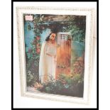 A vintage Kitsch 3d stereoscopic Lentograph / lenticular print of Jesus set to a white frame.