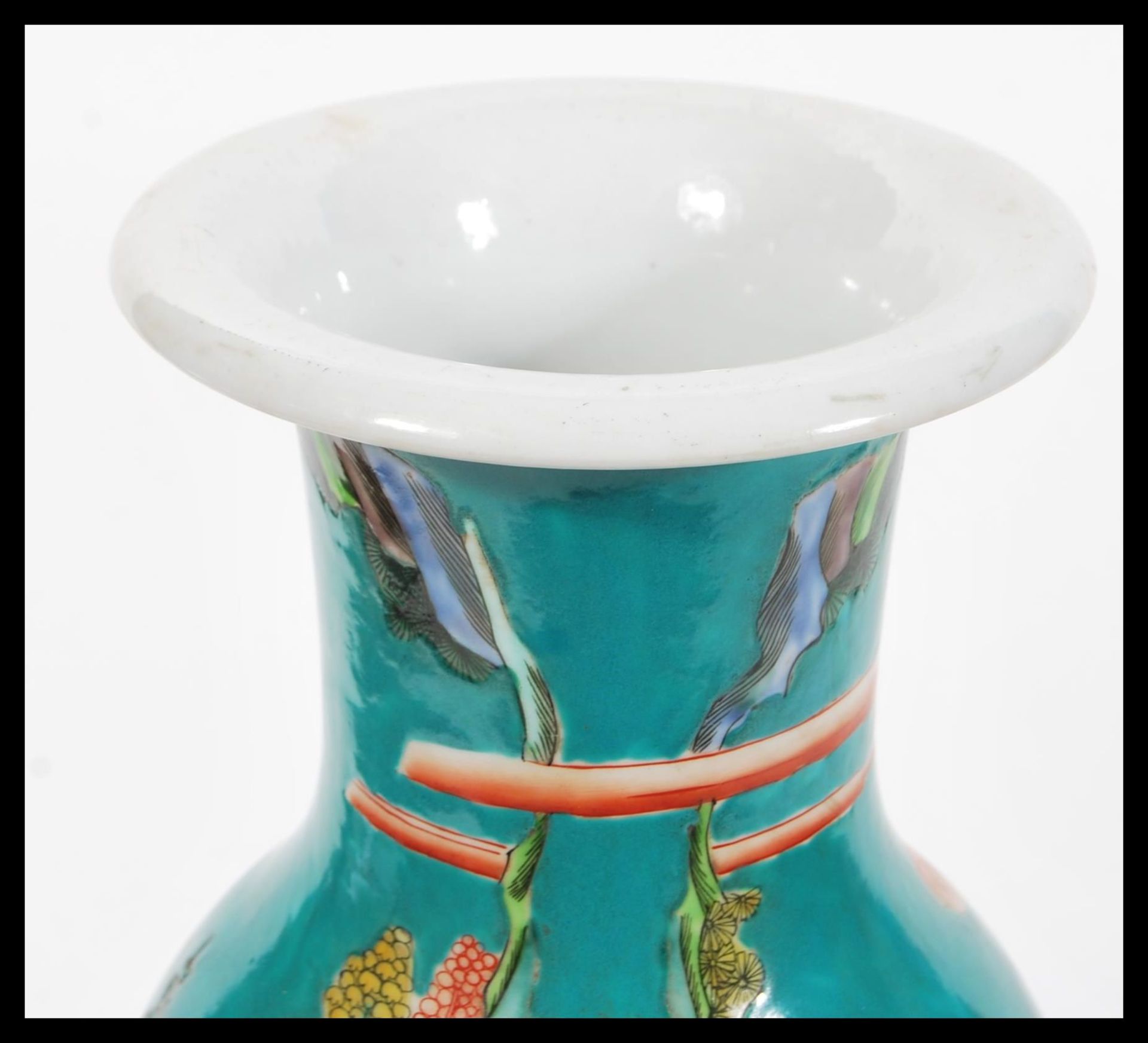 A 20th Century Chinese large porcelain temple vase having teal ground with hand painted and - Image 4 of 5