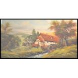 An early 20th Century oil on canvas painting depicting a rural landscape scene with water mill and
