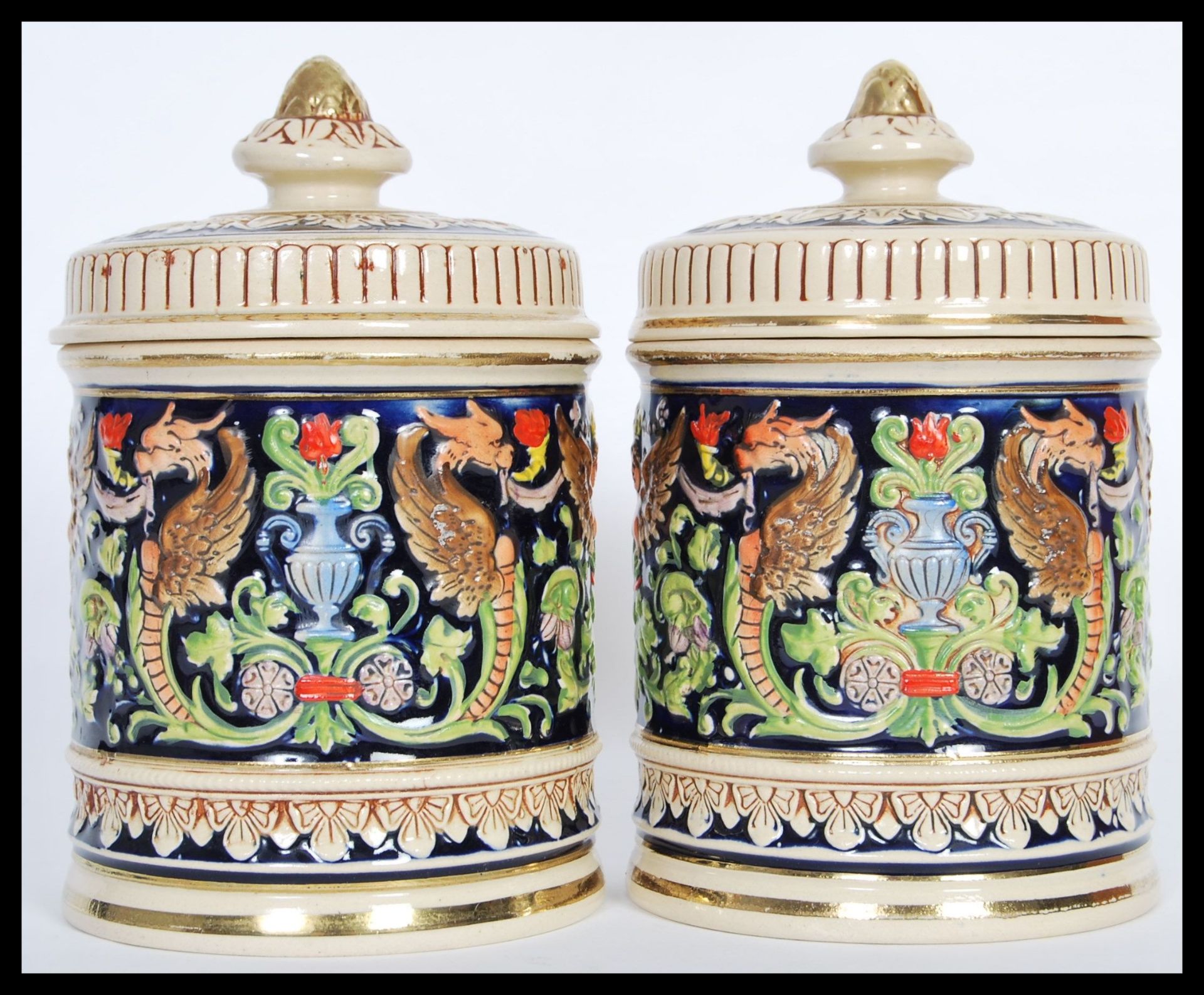 A pair of 20th Century German ceramic biscuit barrels / tobacco jar pots having hand painted - Image 3 of 6