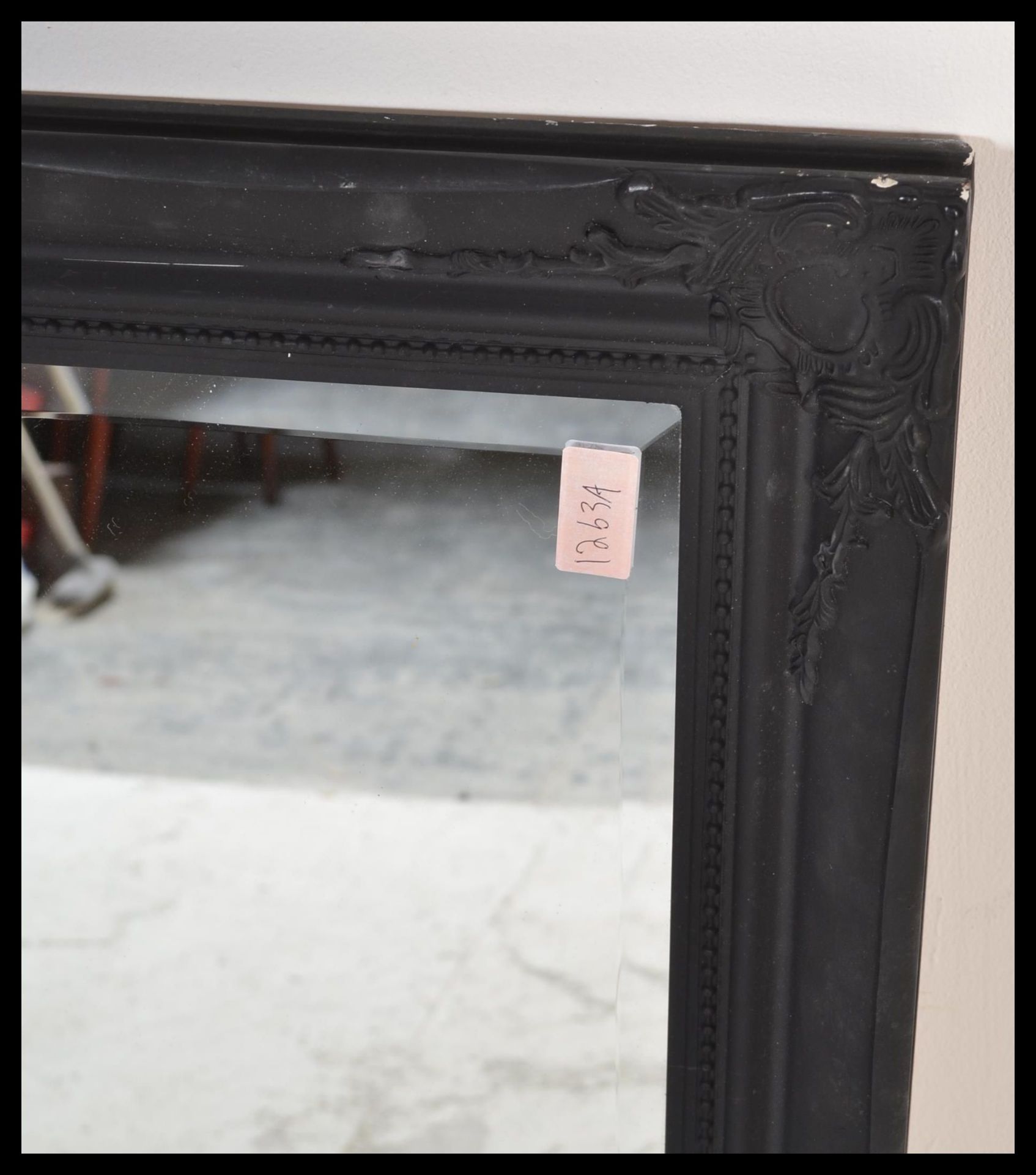 A antique style large ornate bevelled glass mirror set to an ebonised frame with scroll and leaf - Bild 3 aus 5