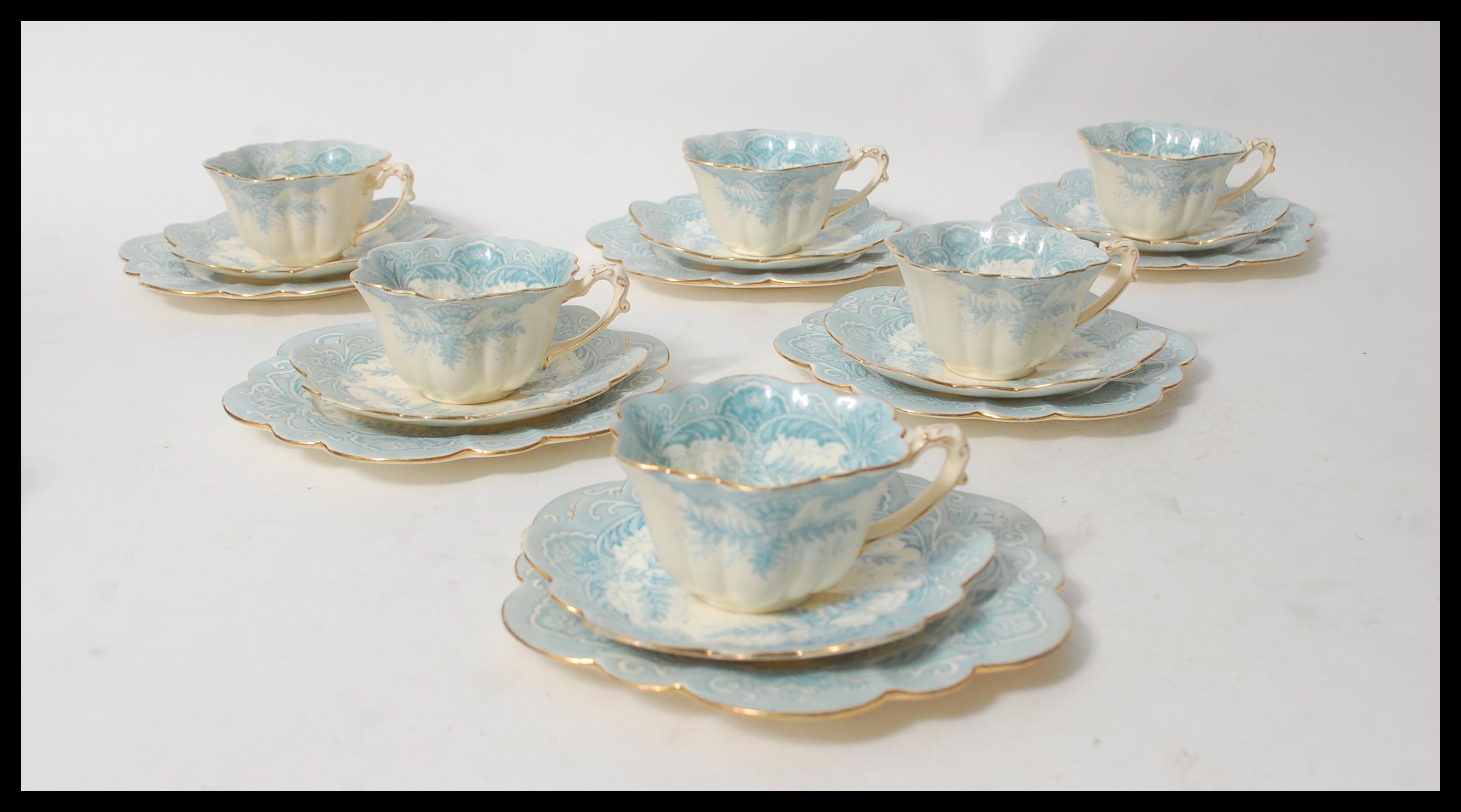 A 19th century Victorian Foley tea service transfer printed in the fern pattern in blue having - Image 7 of 11