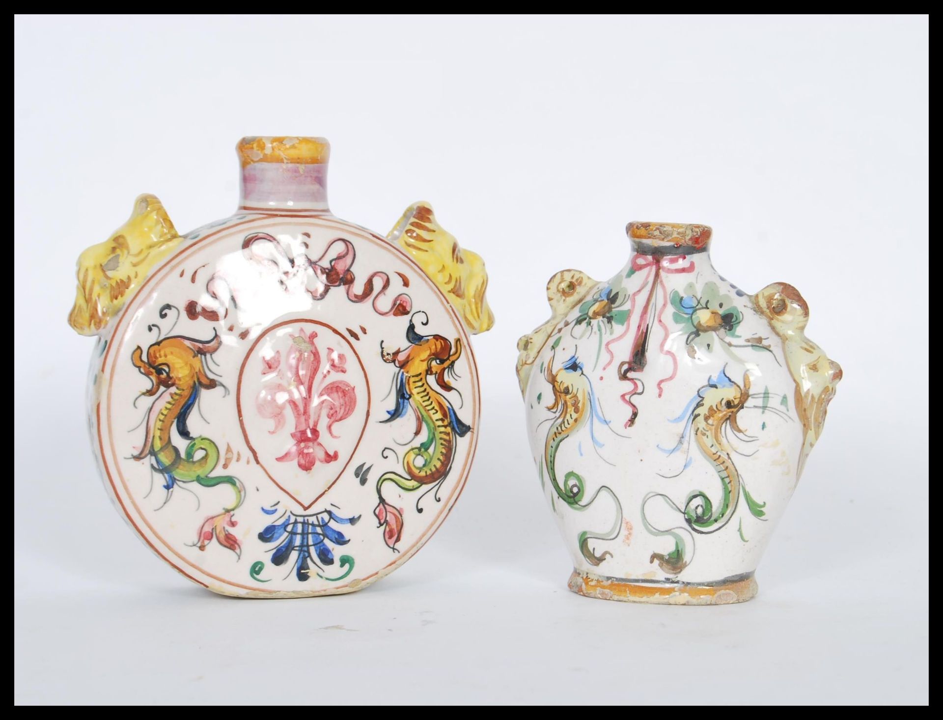 Two 20th Century Grand Tour faience continental Certosa Di Firenze ceramic bottles to include a moon - Image 3 of 5