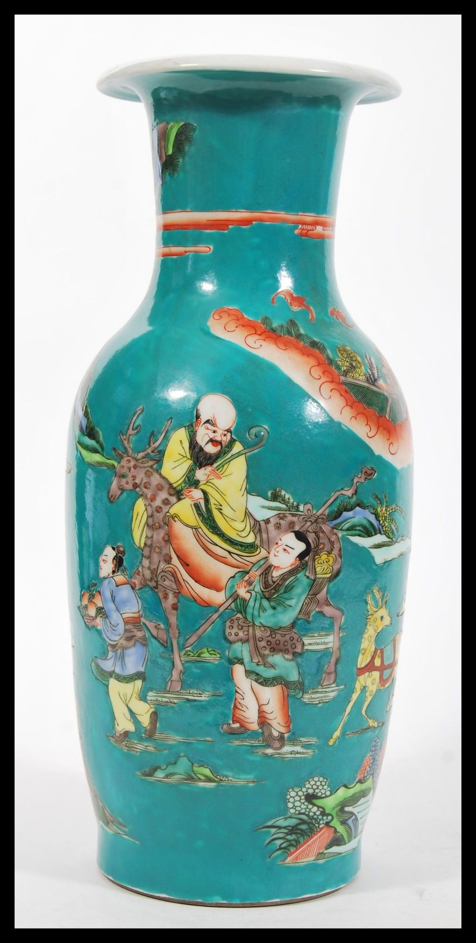 A 20th Century Chinese large porcelain temple vase having teal ground with hand painted and