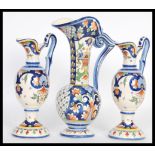 A set of three 20th Century Faience graduating baluster jugs raised on circular bases with bulbous