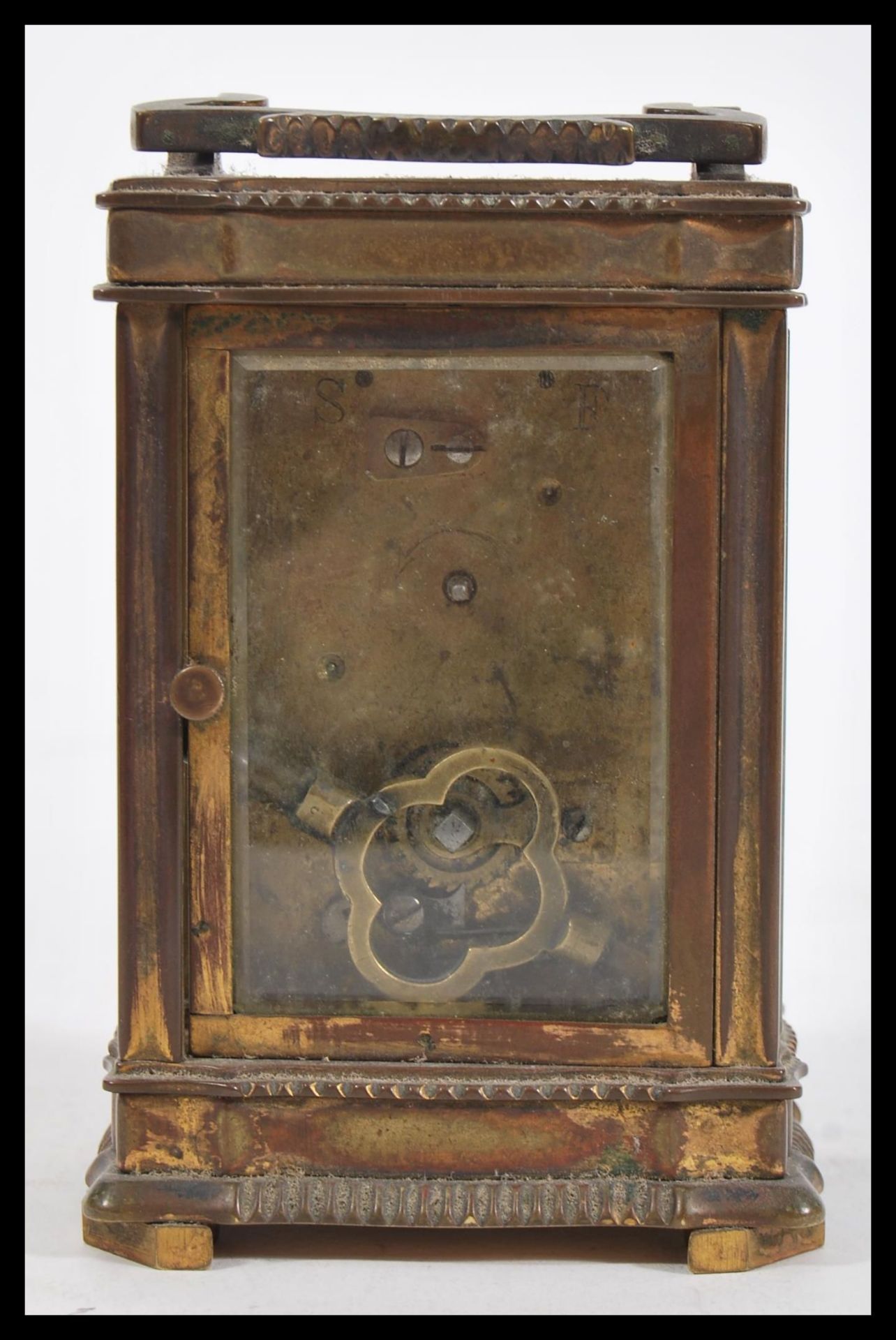 A 19th Century French brass carriage clock having a Roman numeral chapter ring with swing handle - Image 4 of 5