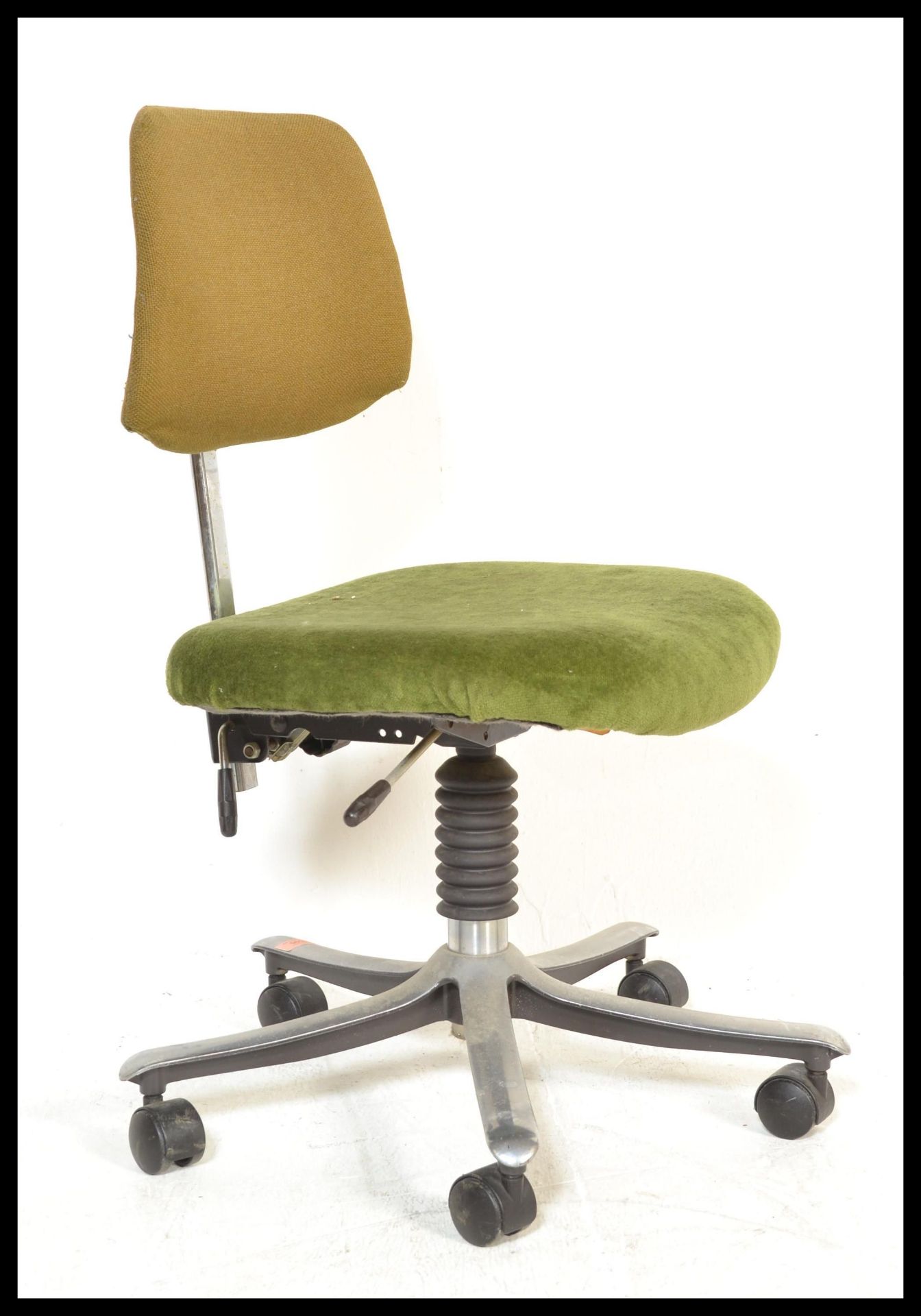 A vintage retro 20th Century industrial machinists / work swivel chair, padded seat pad raised on