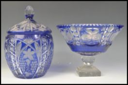 A large early 20th Century blue Bohemian glass punch bowl and lid set consisting of lidded punch