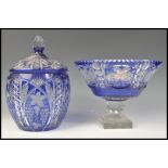 A large early 20th Century blue Bohemian glass punch bowl and lid set consisting of lidded punch