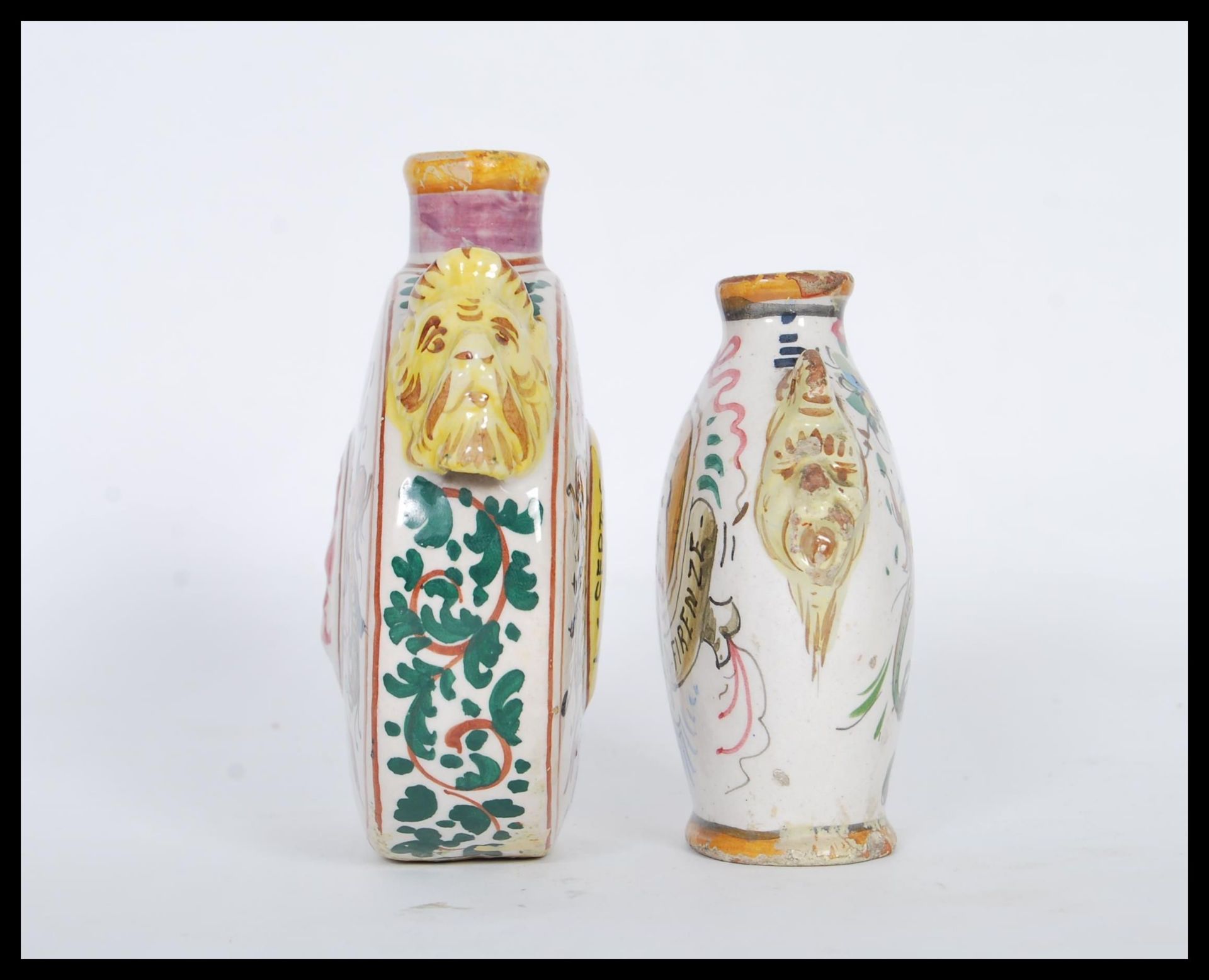 Two 20th Century Grand Tour faience continental Certosa Di Firenze ceramic bottles to include a moon - Image 2 of 5