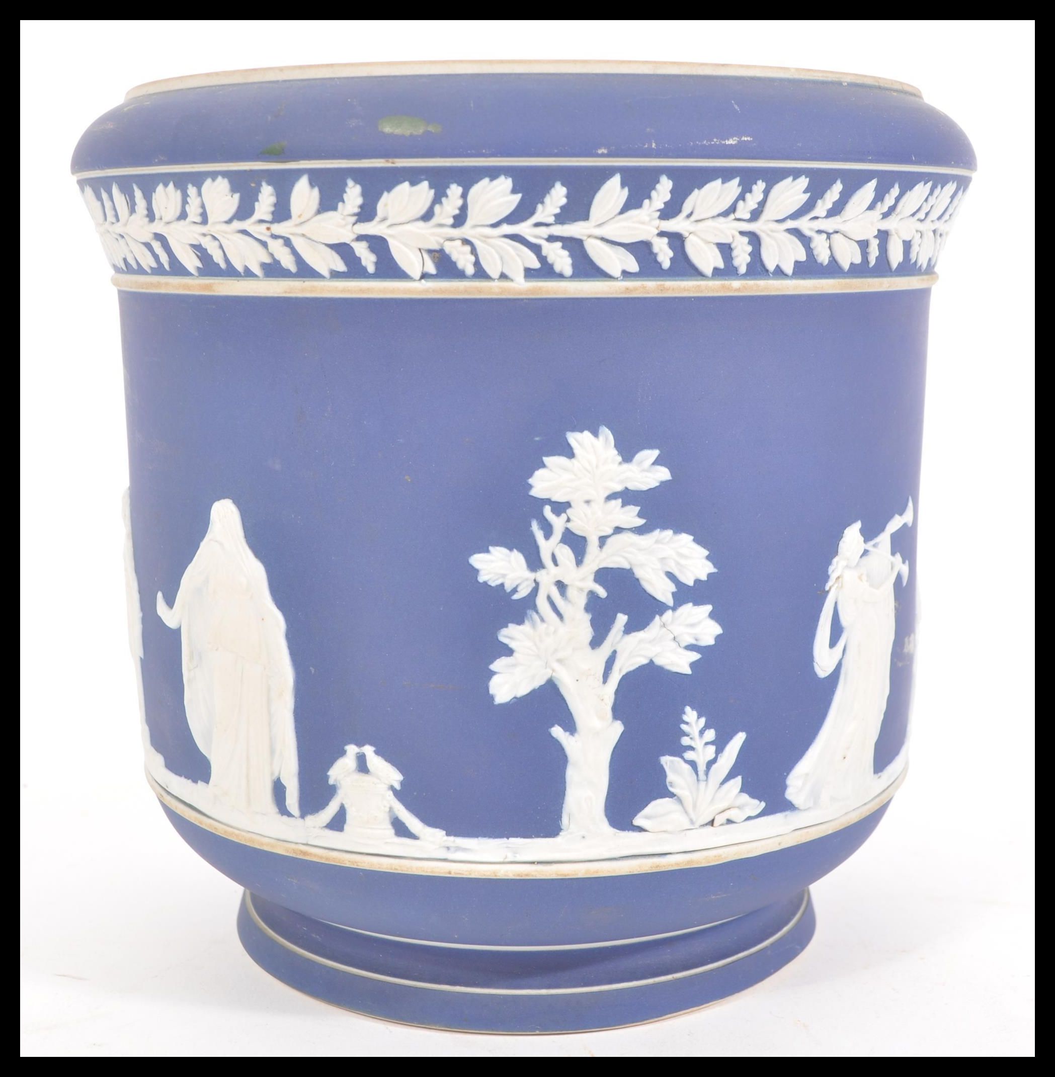 A 19th Century Adams jasperware jardiniere planter, having raised white classical scenes and borders - Image 4 of 4