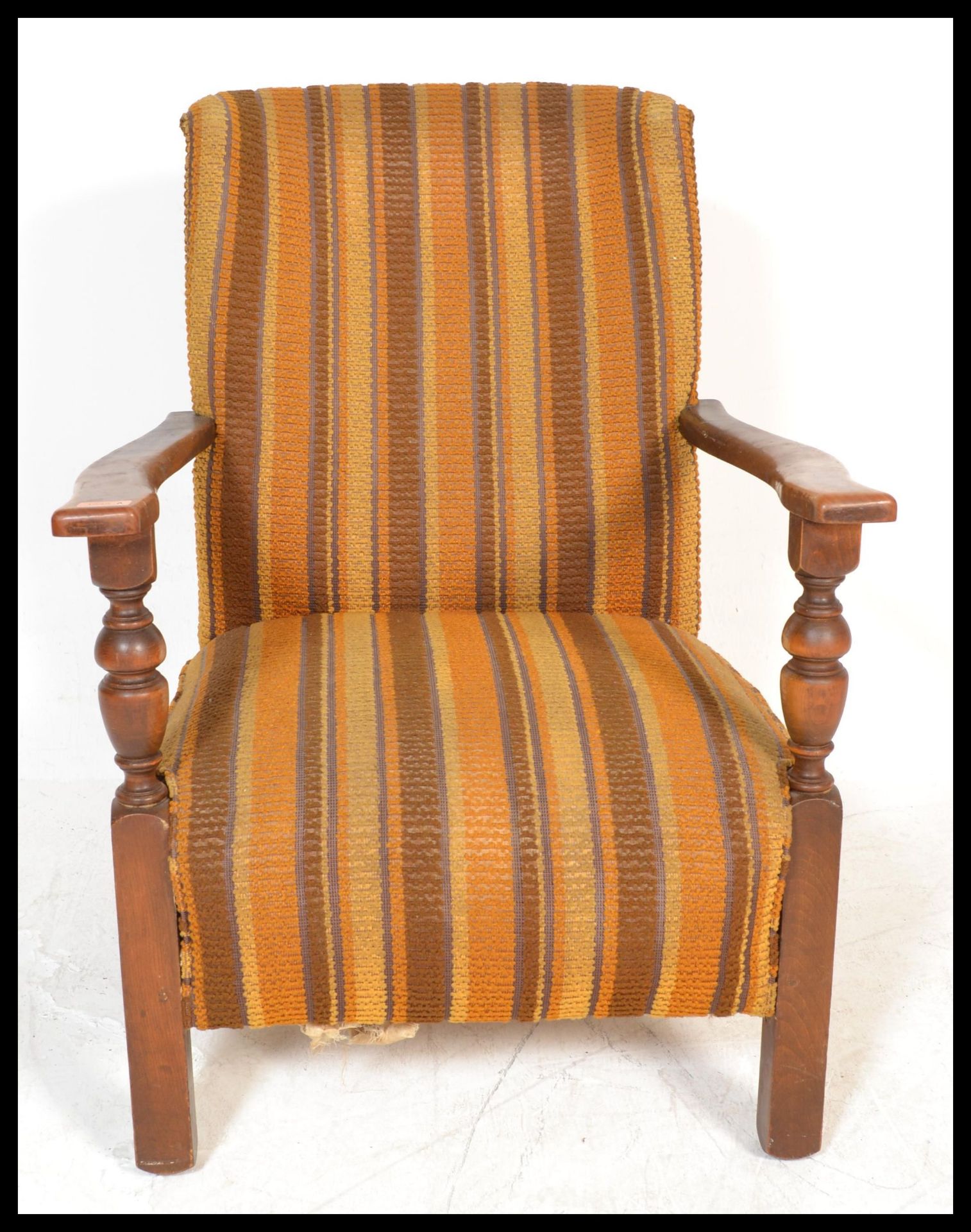 A vintage 20th Century open framed fireside armchair, upholstered in a vibrant woolen colours, - Bild 2 aus 4