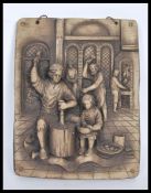 A cast resin wall plaque depicting a blacksmith's workshop in high relief. Signed ASL to the