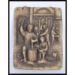 A cast resin wall plaque depicting a blacksmith's workshop in high relief. Signed ASL to the