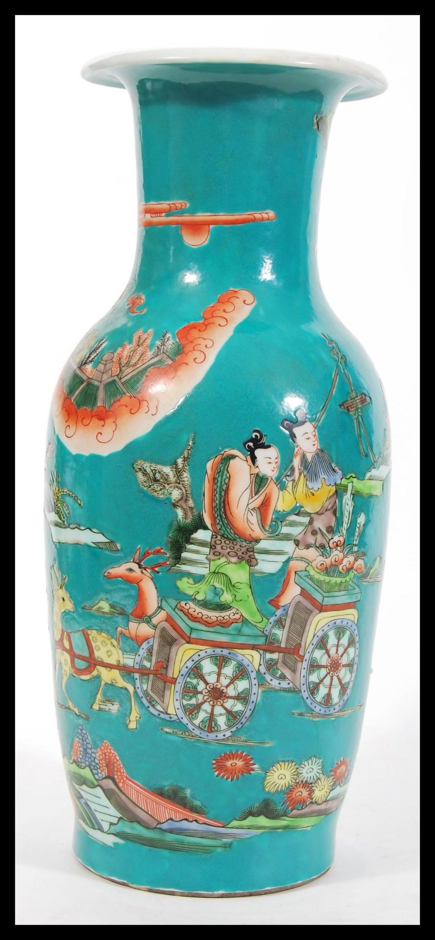 A 20th Century Chinese large porcelain temple vase having teal ground with hand painted and - Image 2 of 5