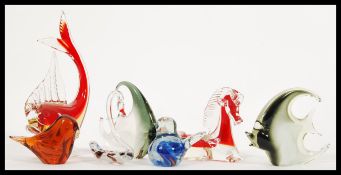 A collection of retro 20th Century studio glass figurines to include two angel fish, a swan, two