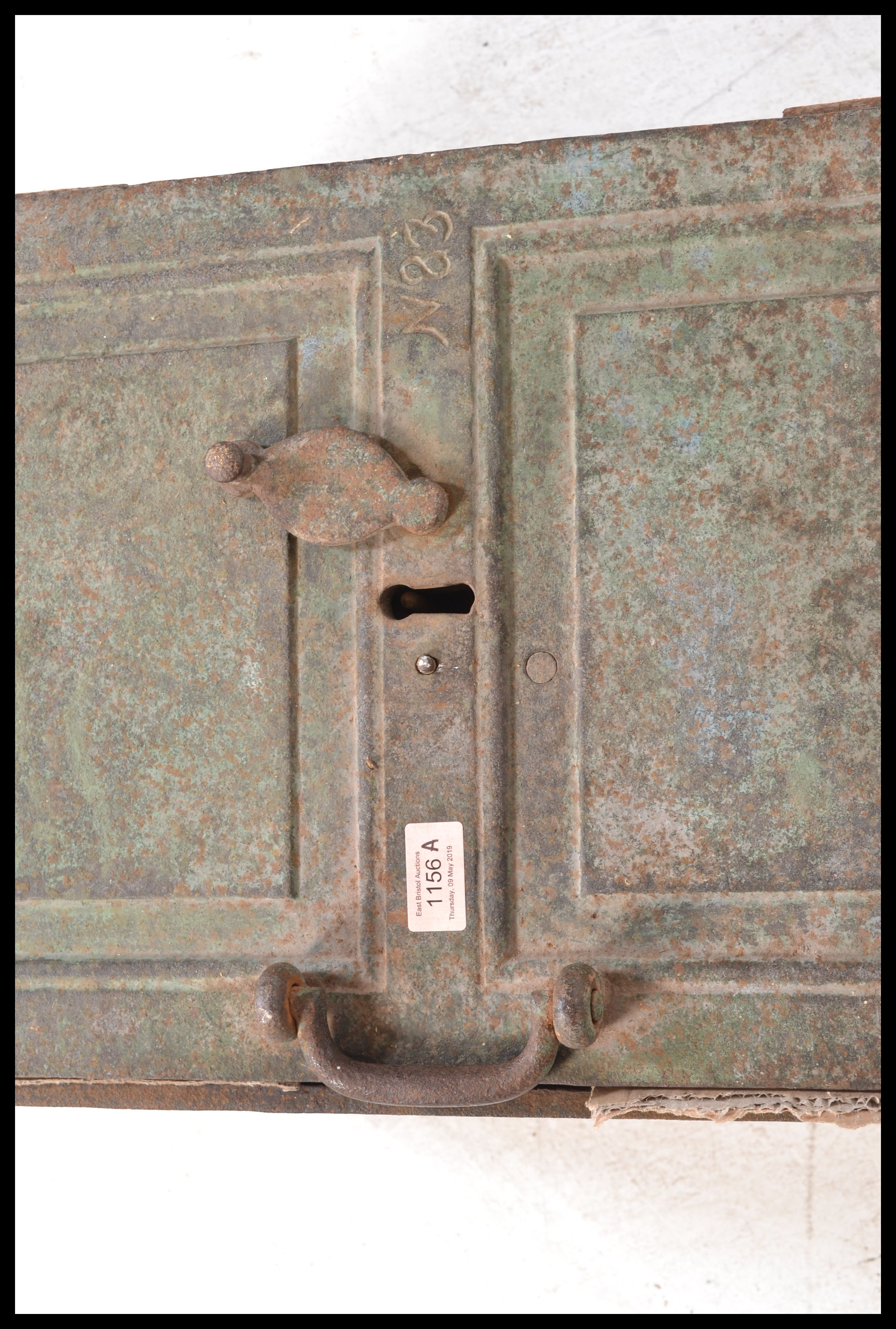 A late 19th Century Victorian strong box, carry handles to the side, hinged door and key whole to - Image 3 of 4