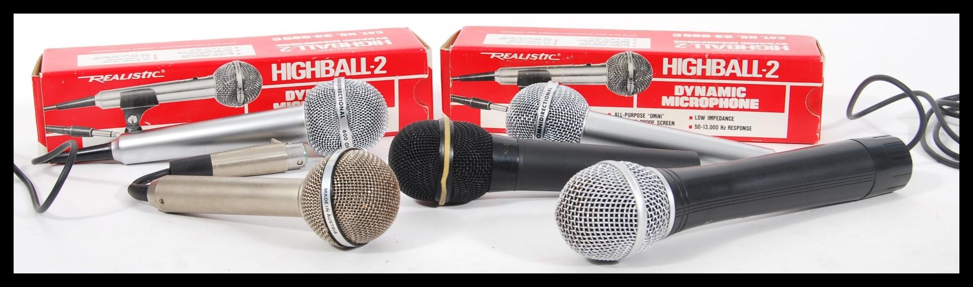 A collection of vintage Microphones / mics to include two boxed 1970's Realistic AKG D 120 HL,