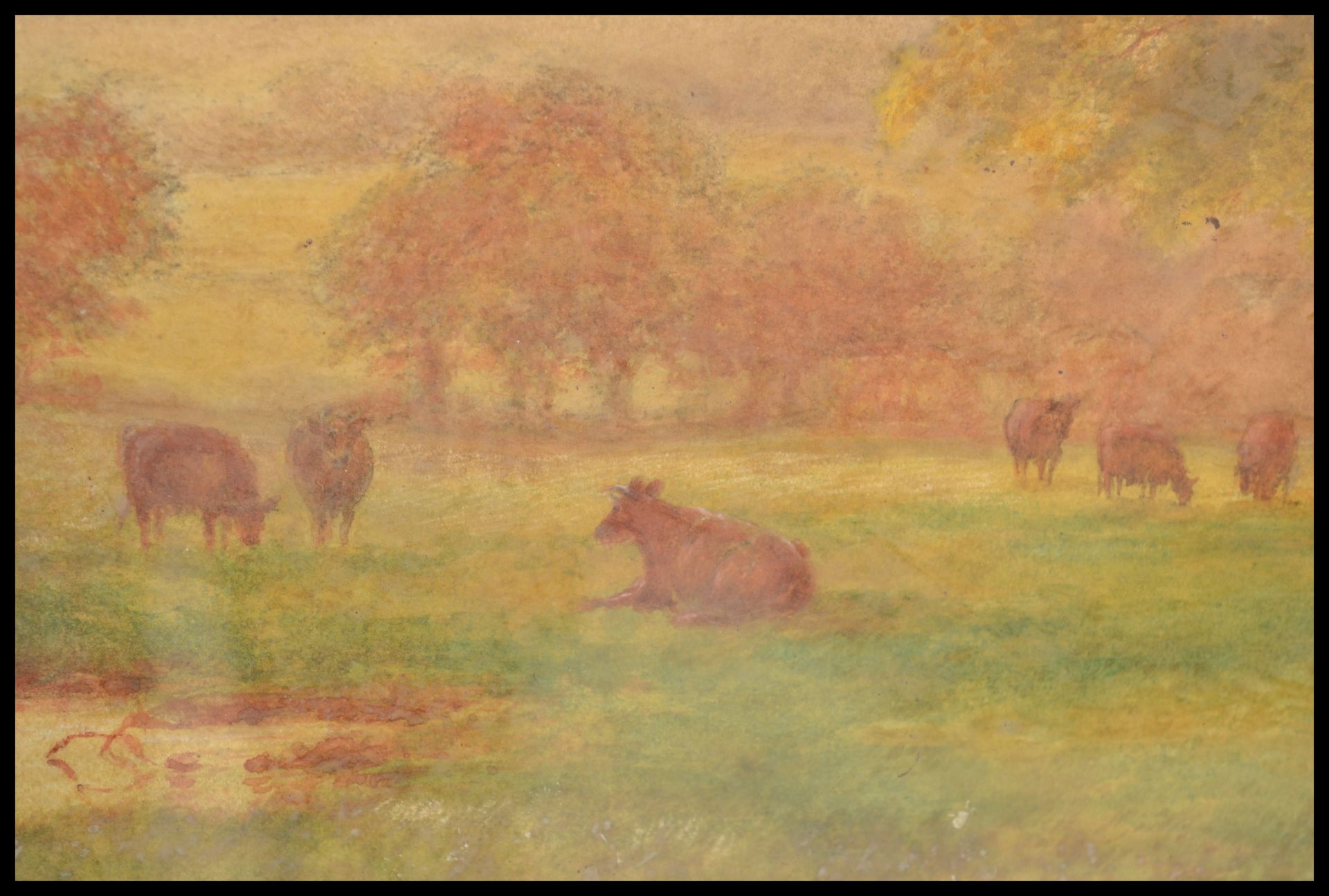 A 19th Century watercolour painting depicting highland cattle and landscape set to an ornate gilt - Bild 4 aus 5