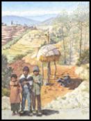 A 20th Century South American oil on board painting depicting three children standing on the