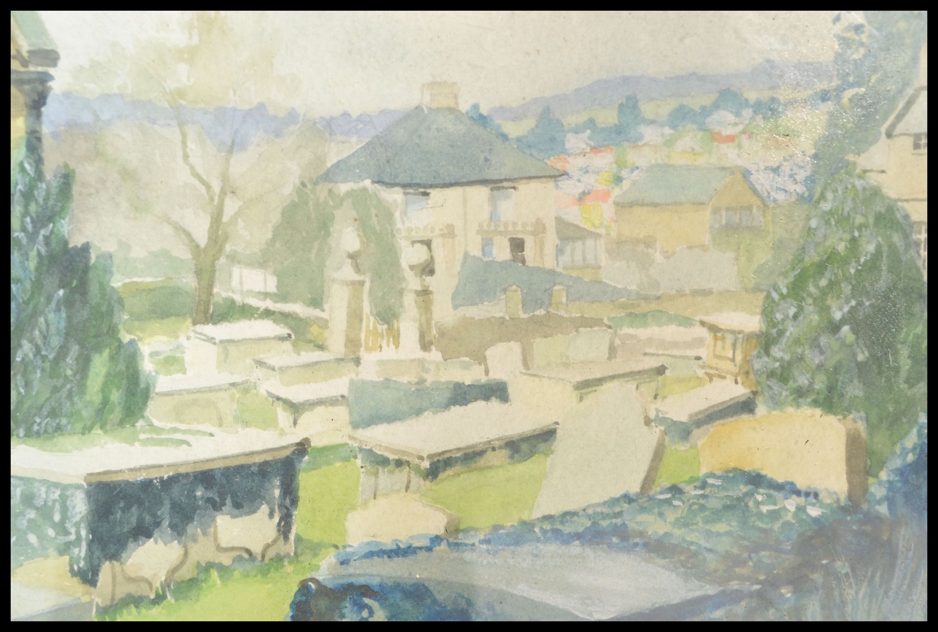 A 20th Century watercolour painting on paper depicting the view across a graveyard with a town - Bild 3 aus 4