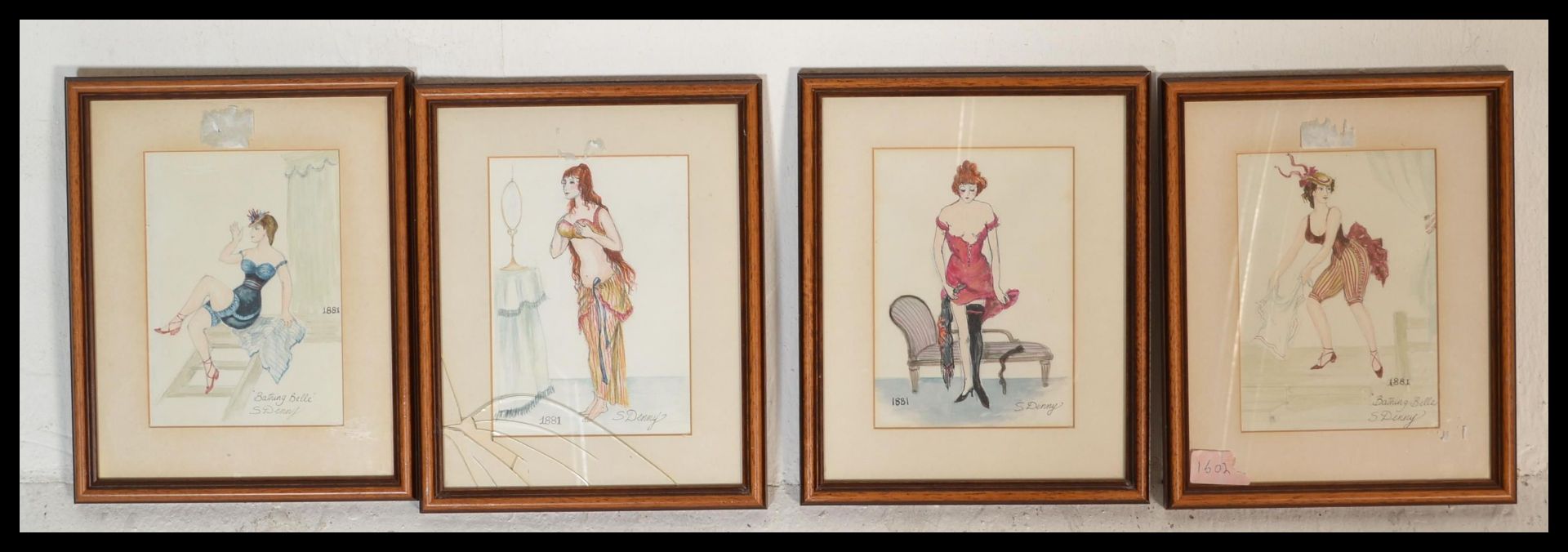 A set of four 19th Century French watercolour paintings entitled Bathing Belle depicting four