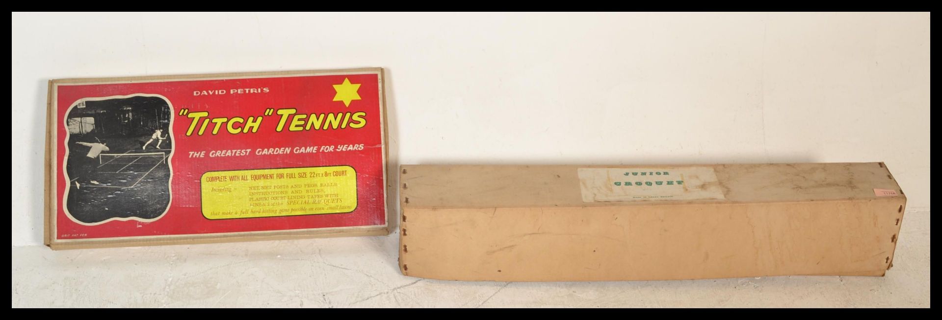 A vintage boxed Junior Croquet set together with a vintage boxed set of David Peters Titch Tennis