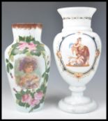 Two pieces of antique 19th Century Victorian white milk glass to include a vase hand painted with
