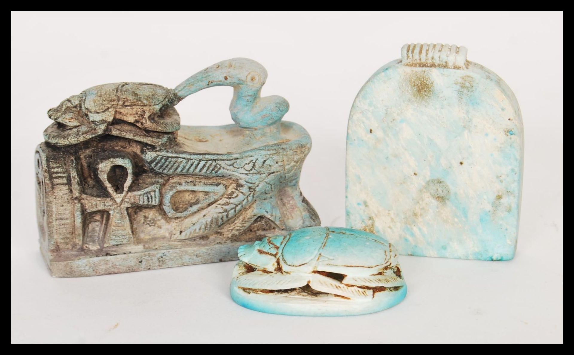 A group of 20th Century Egyptian revival amulets to include a ceramic scarab bead with hieroglyphics - Image 2 of 7