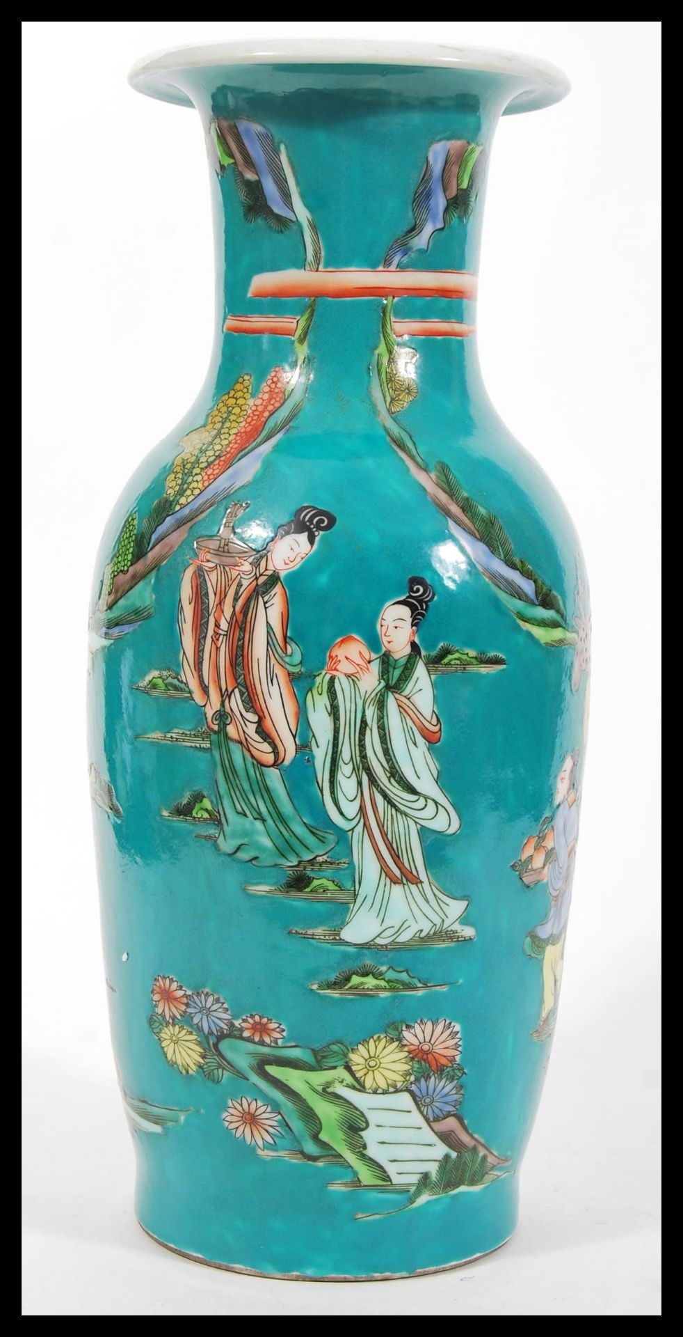 A 20th Century Chinese large porcelain temple vase having teal ground with hand painted and - Image 3 of 5