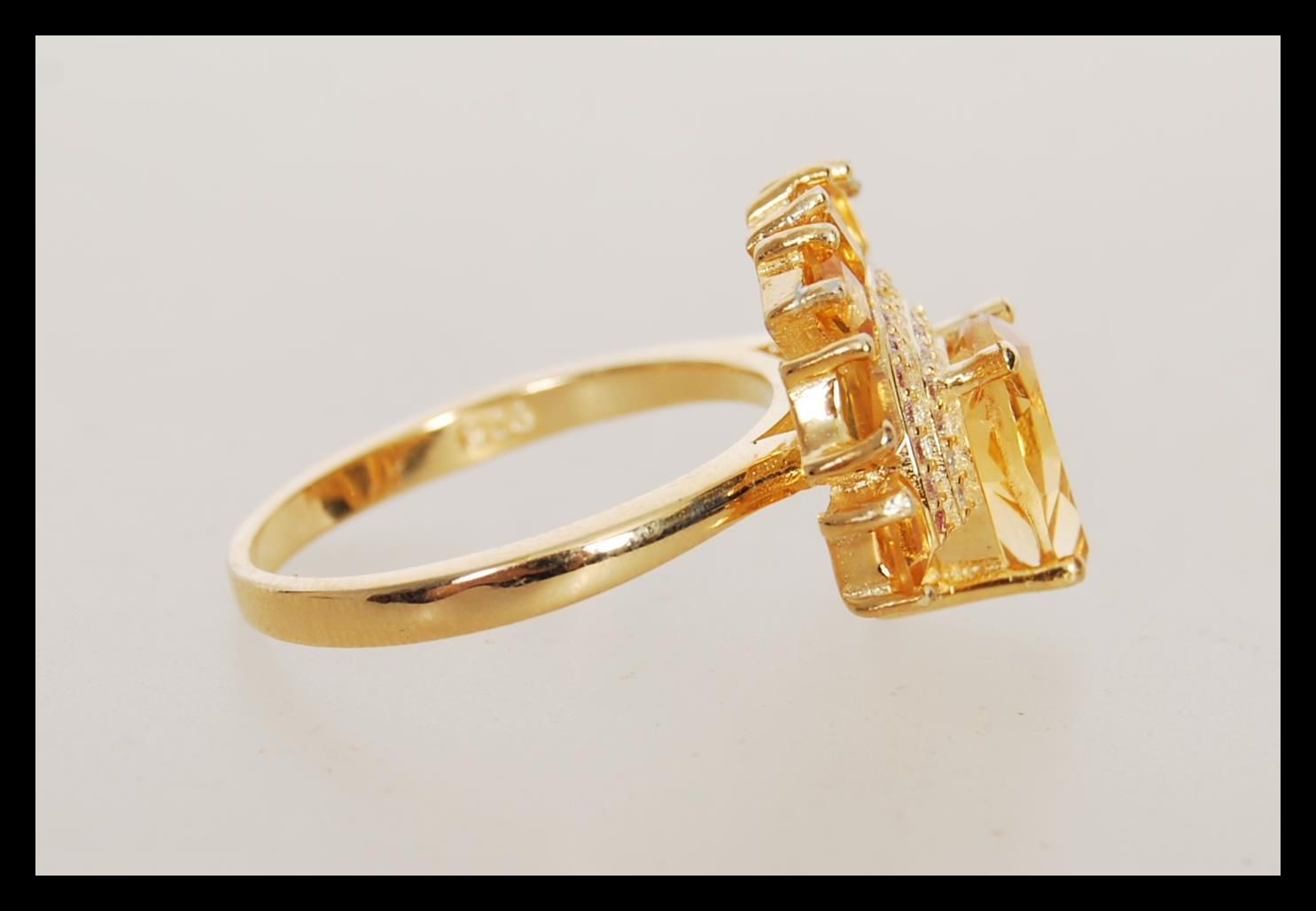 A stamped 925 silver vermeil Art Deco style ring set with a teardrop citrine with cz accent stones - Image 2 of 4