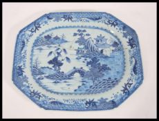 A late 18th Century Chinese large blue and white charger plate tray of octagonal form. Hand