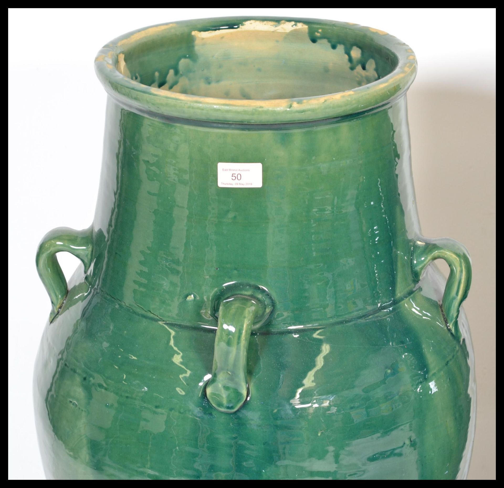 A large and impressive pair of Persian Sharab green glazed wine vessels of amfora form having four - Bild 5 aus 6