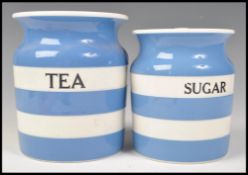 A pair of original early 20th Century TG Green Cornishware Cornish Kitchen Ware storage jars for tea