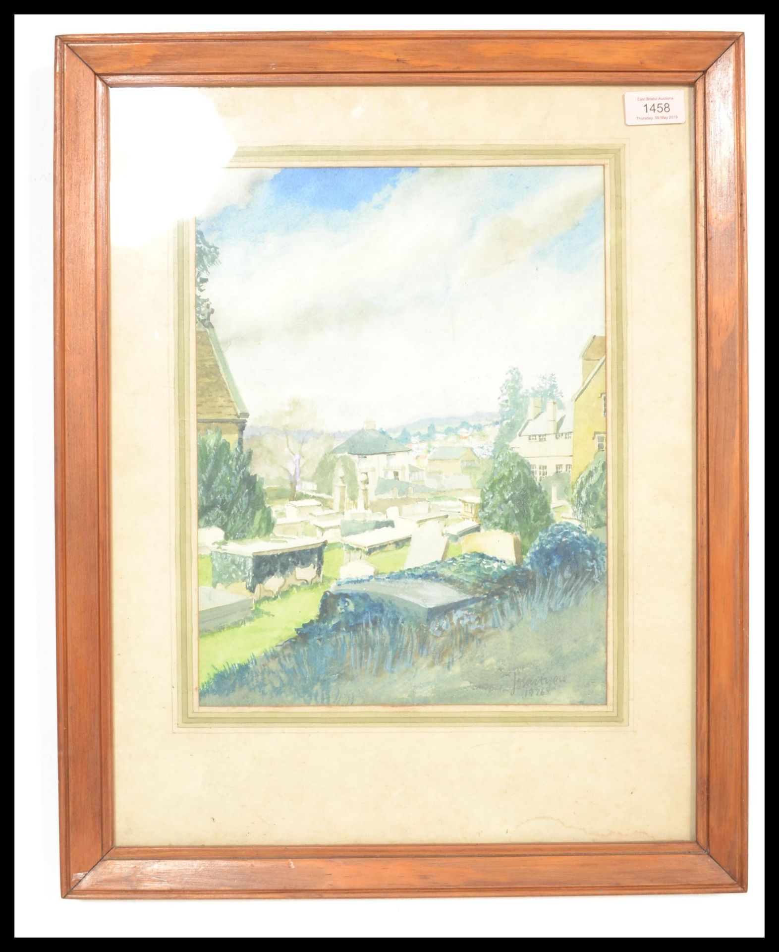 A 20th Century watercolour painting on paper depicting the view across a graveyard with a town - Bild 2 aus 4