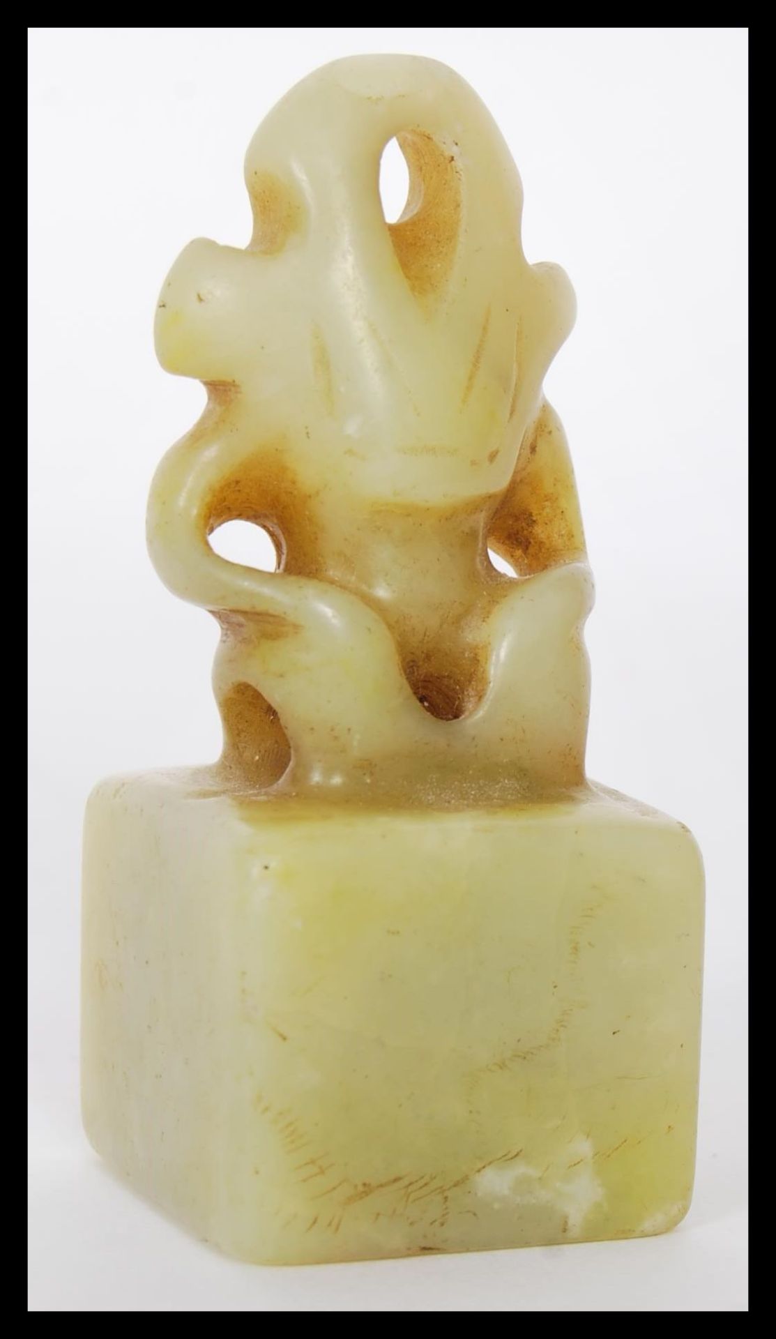 7TH / 18TH CENTURY CHINESE CELADON JADE CHIMERA INK BLOCK SEAL